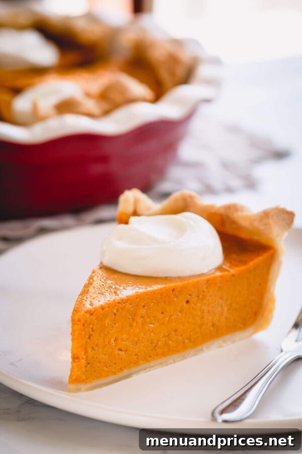 Velvet Pumpkin Dream Pie 3 A perfectly portioned slice of creamy pumpkin pie on a white plate, ready to be enjoyed.