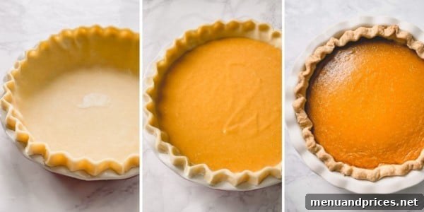 Velvet Pumpkin Dream Pie 4 3 step-by-step photos: an empty pie crust, the unbaked pumpkin pie filling, and the beautifully baked pumpkin pie.