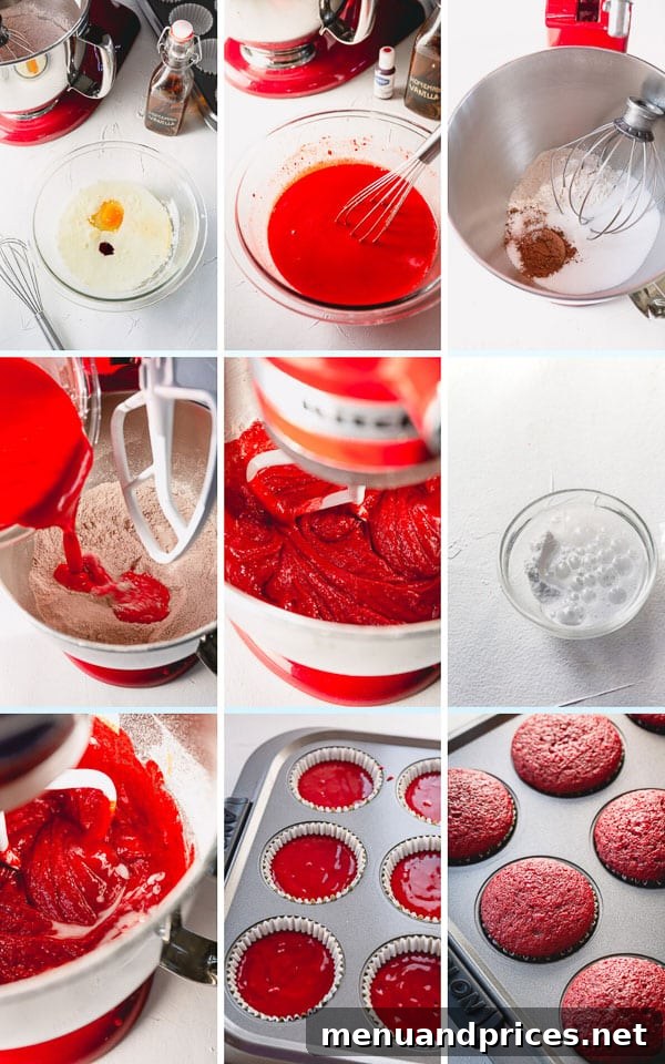 Velvet Dream Cupcakes 7 A photo collage showing the step-by-step process of mixing and baking red velvet cupcakes.