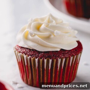 Velvet Dream Cupcakes 9 Red velvet cupcake with white cream cheese frosting, styled for a recipe card.