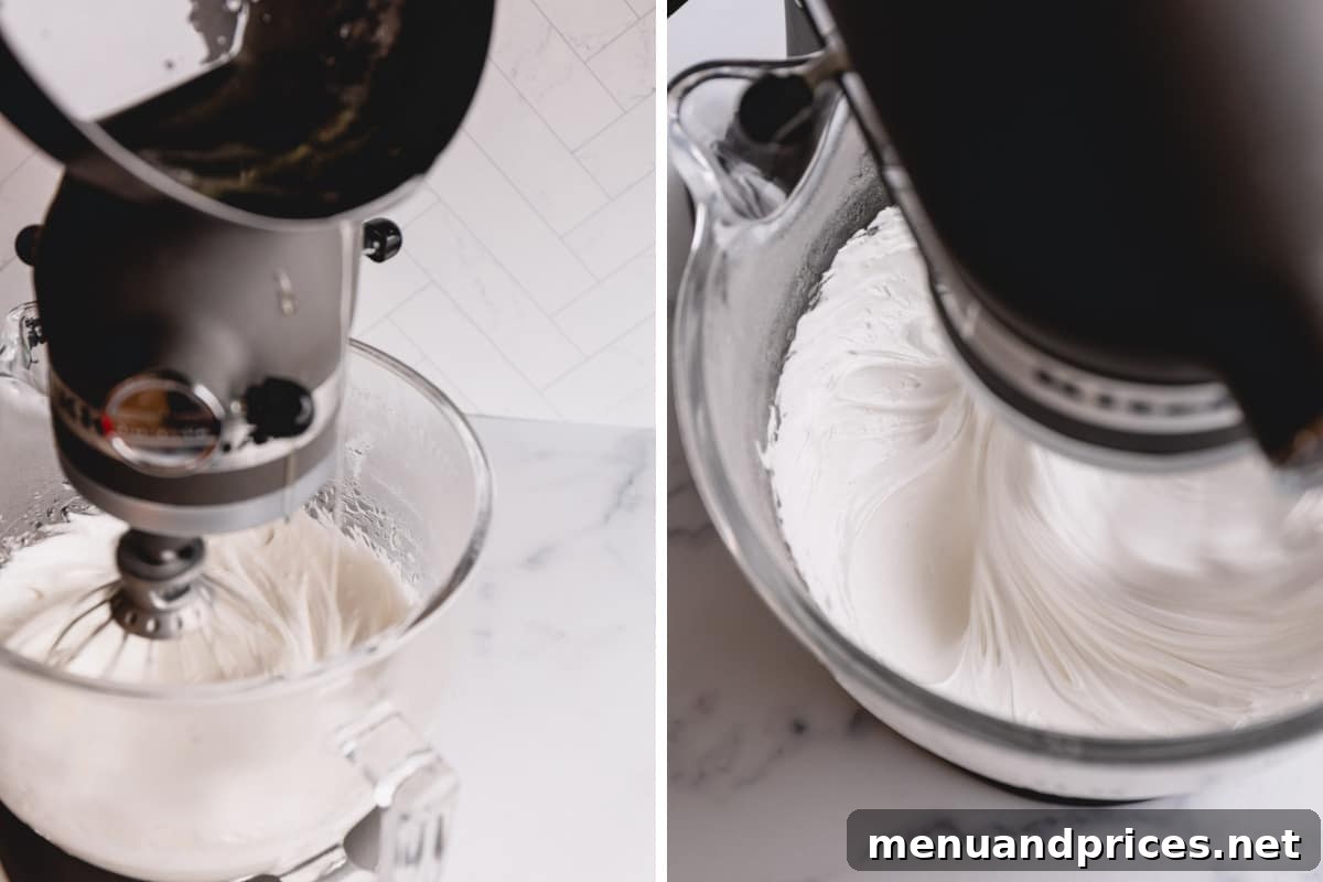 Grandma's Divinity Sweet 6 A dynamic side-by-side view illustrating the crucial step of crafting divinity: on the left, a thin, steady stream of hot sugar syrup is being slowly poured into vigorously whipping egg whites in a stand mixer; on the right, the egg whites have transformed into a voluminous, glossy meringue, ready for the next stage of candy making.
