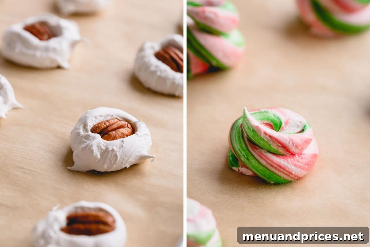 Grandma's Divinity Sweet 9 A festive display of assorted divinity candies: on the left, classic white pecan divinity; on the right, vibrant red and green swirled divinity, showcasing colorful variations for the holidays.