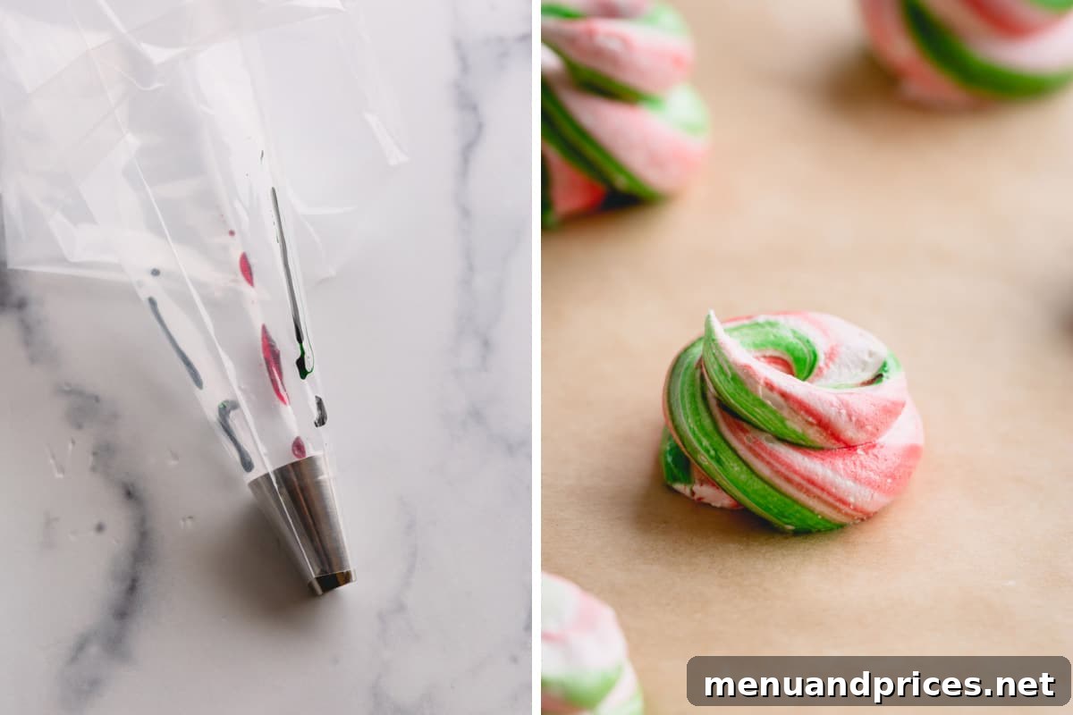Grandma's Divinity Sweet 10 A side-by-side demonstration of how to make festive colored divinity, showing a piping bag prepared with red and green gel food coloring stripes on the inside, ready to create swirled candy.