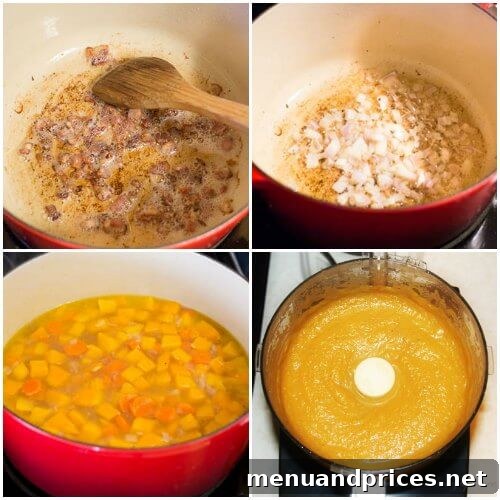 Velvety 5-Ingredient Butternut Squash Soup 4 Step-by-step visual of the butternut squash soup preparation, showing key stages from sautéing ingredients to blending into a smooth, creamy texture.