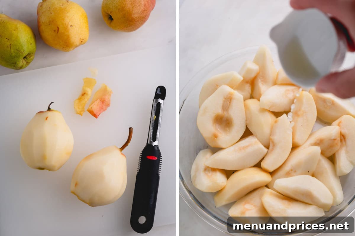 Left image shows pears being peeled. Right image shows peeled and sliced pears being sprinkled with lemon juice to prevent browning.