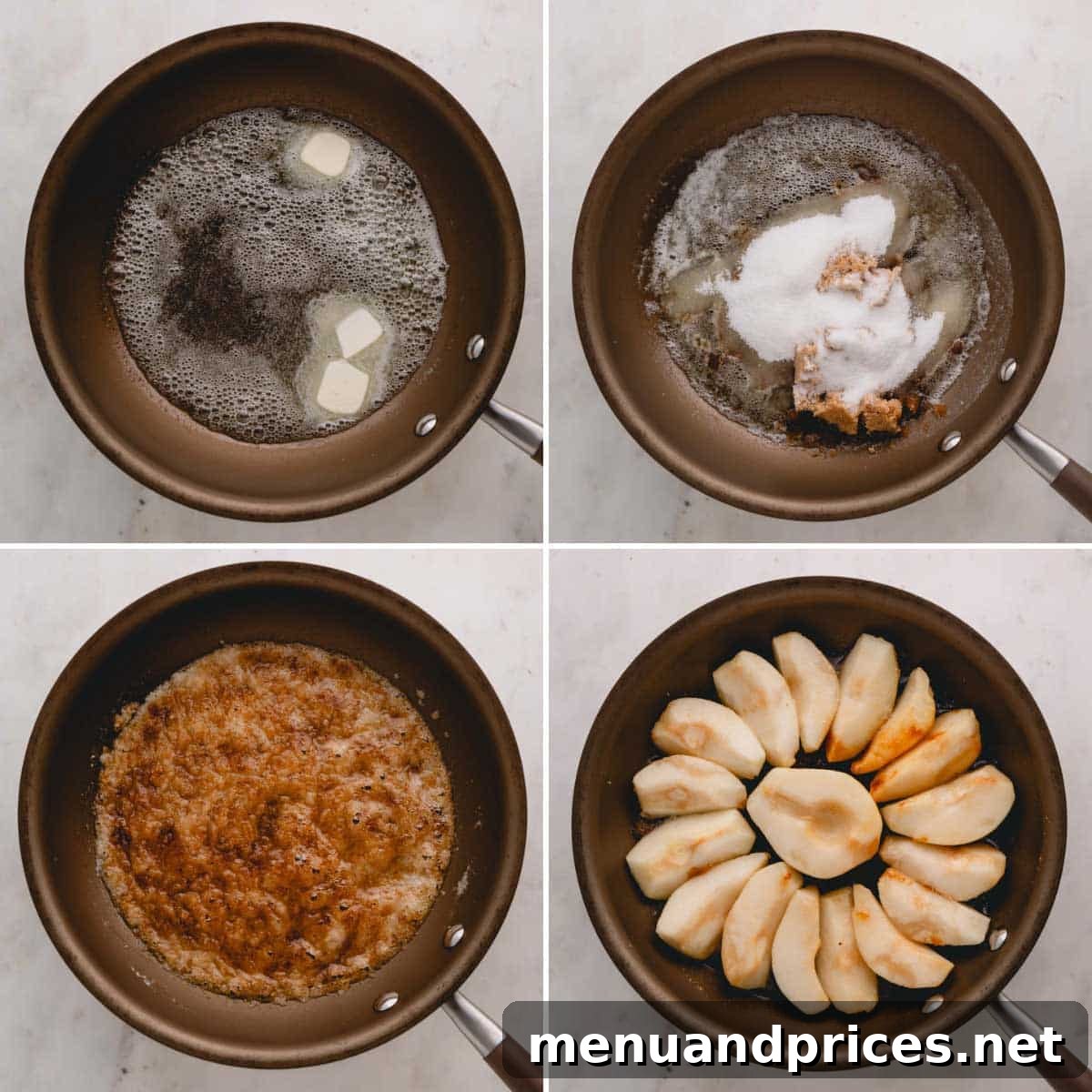 A series of four images illustrating the process of caramelizing pears in a skillet from start to a deep golden brown.