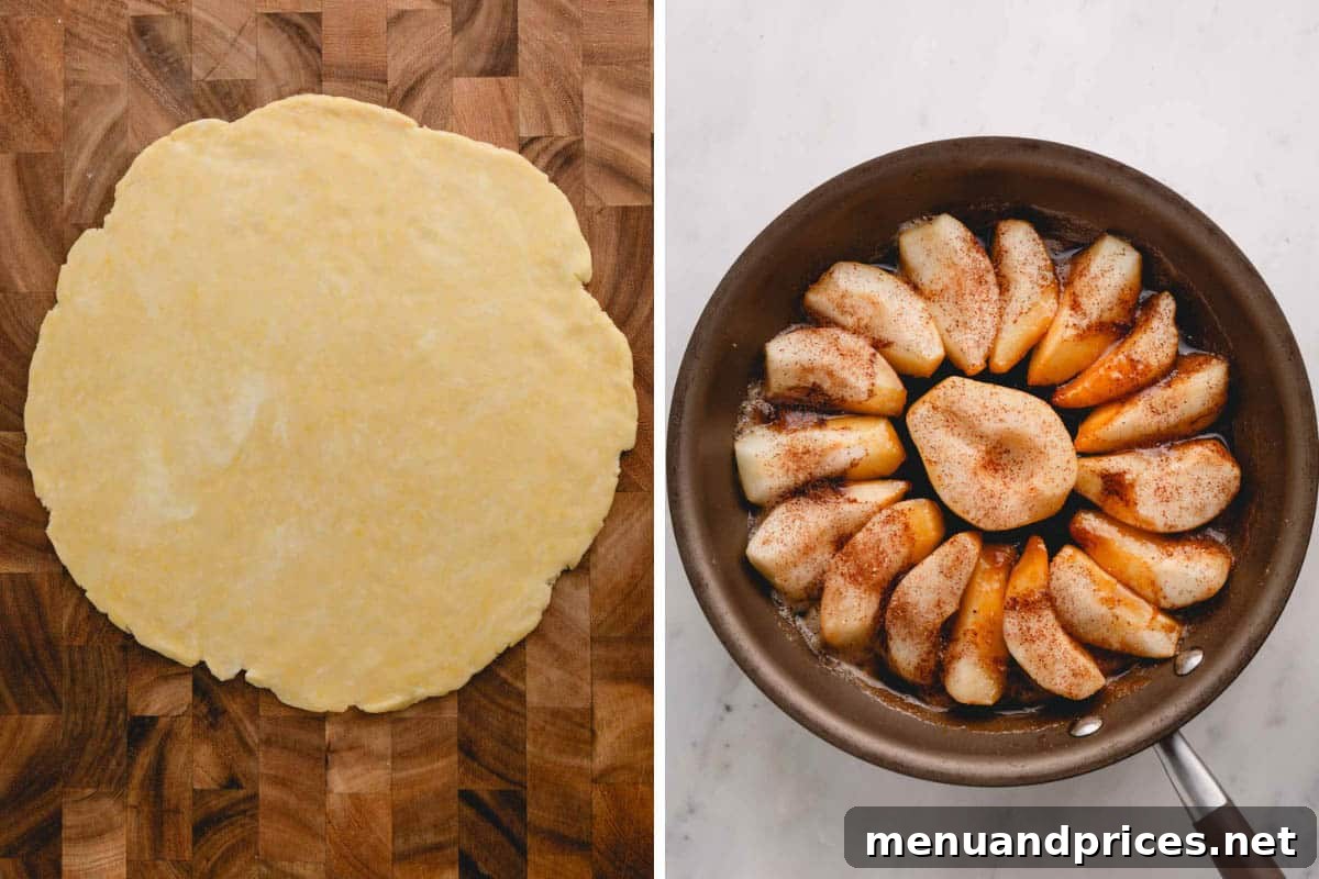 Left image shows a rolled out pie dough. Right image shows caramelized pears in a skillet, ready for the crust.
