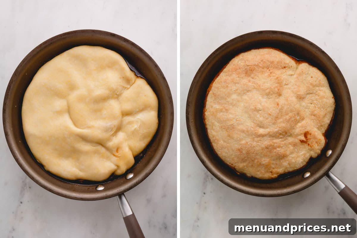 Left image shows an uncooked pie crust covering pears in a skillet. Right image shows the baked tarte tatin with a golden brown crust.