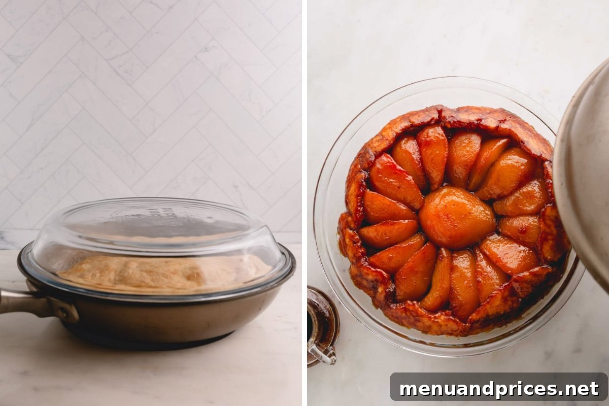A pear tarte tatin (French pear pie) being inverted from a hot skillet onto a glass baking dish, revealing the beautiful caramelized pears.