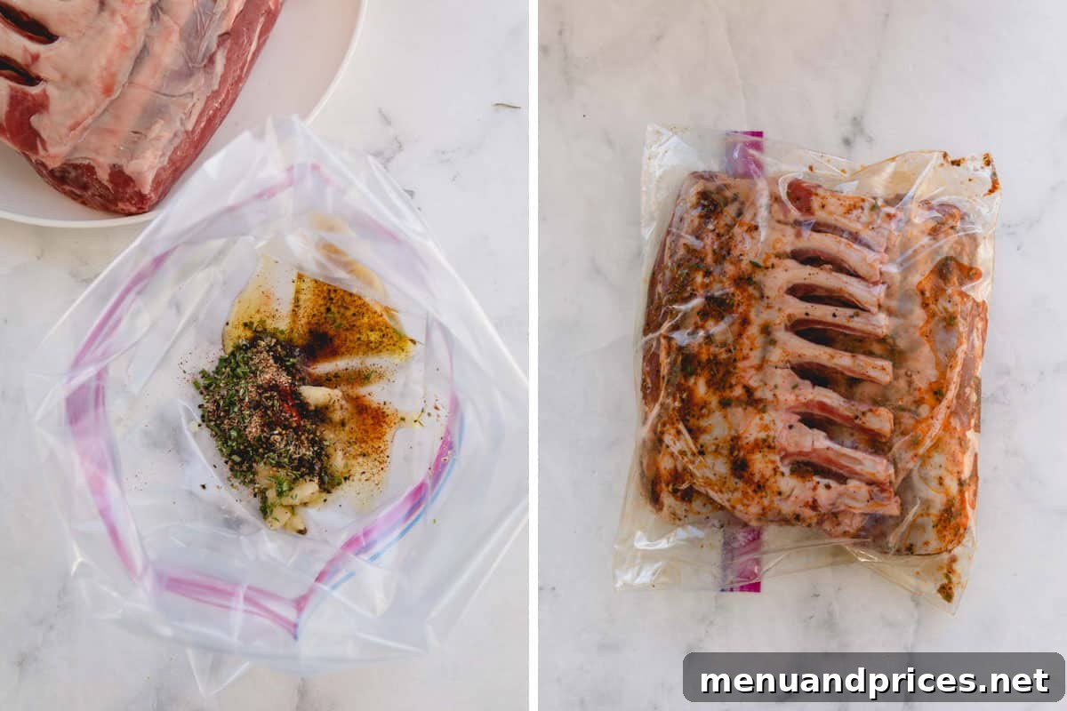 Herb-Crusted Lamb Rack 5 Two side-by-side images illustrating the methodical process of marinating lamb racks in a Ziplock bag, ensuring even coating.