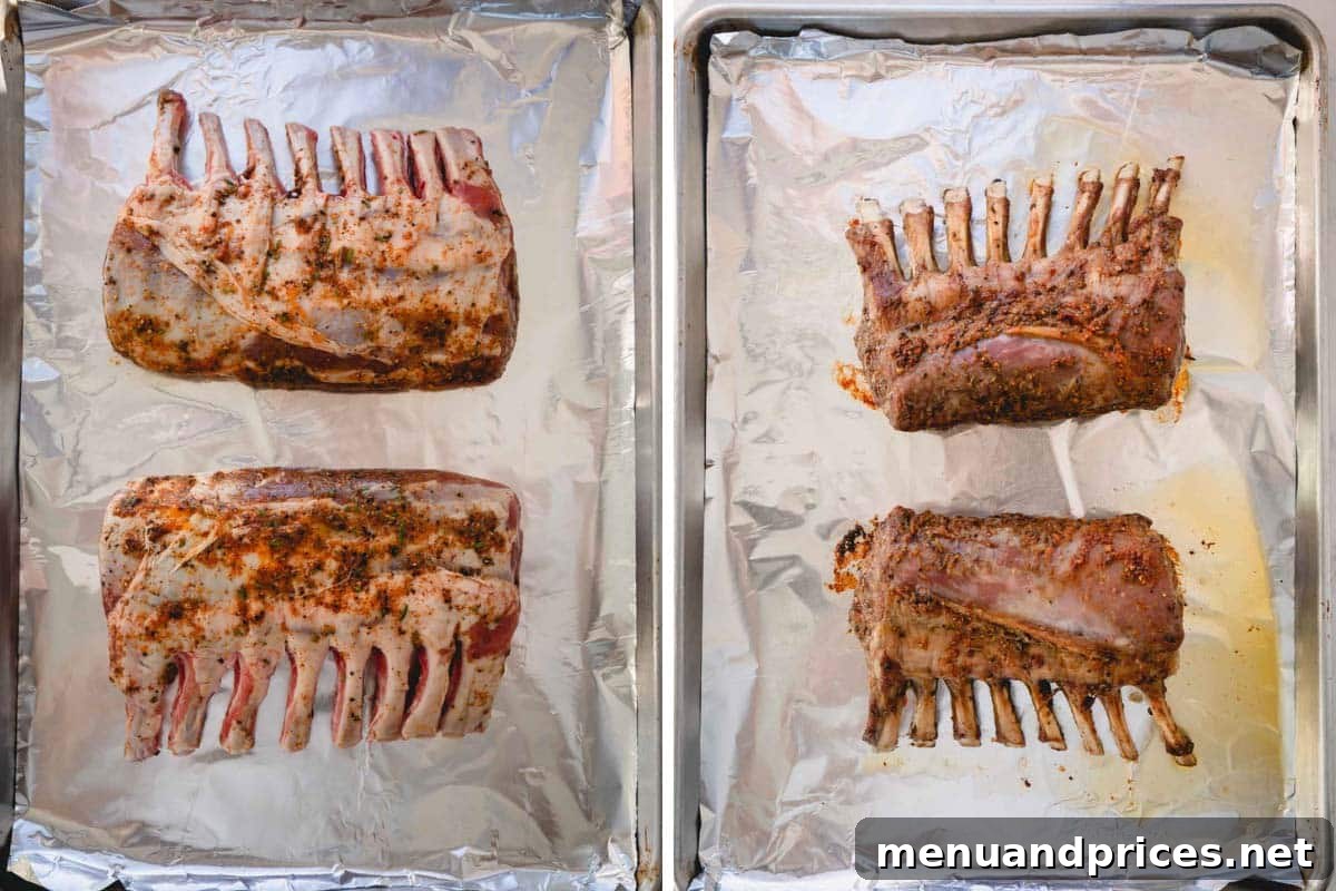 Herb-Crusted Lamb Rack 6 Side-by-side images showing raw lamb racks alongside perfectly roasted, golden-brown racks on a baking sheet, illustrating the delicious transformation.