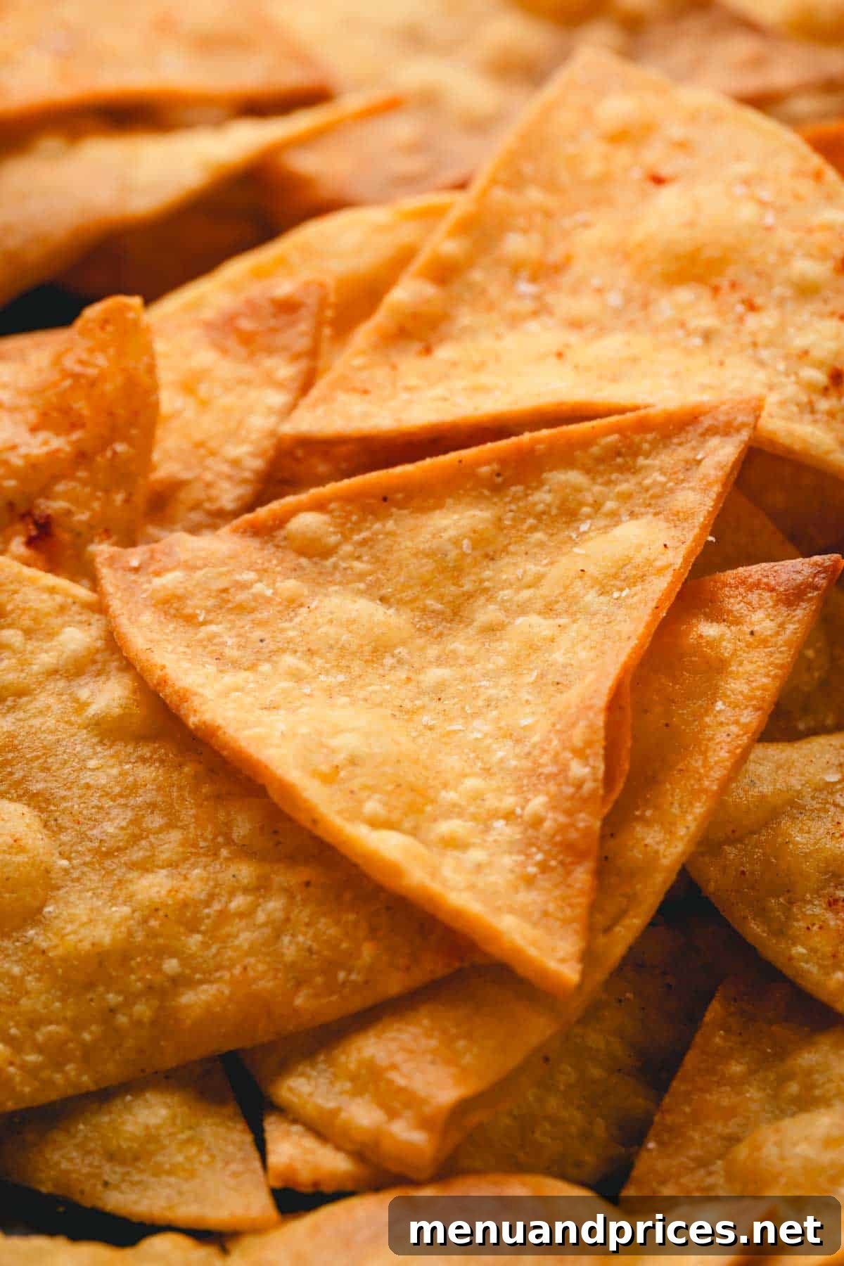 Zesty Handcrafted Tortilla Chips 3 Close-up of freshly made, golden-brown spicy tortilla chips, showing their perfect crunch and seasoning.