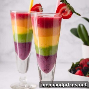 Two tall glasses of rainbow smoothies, showcasing the vibrant layers.
