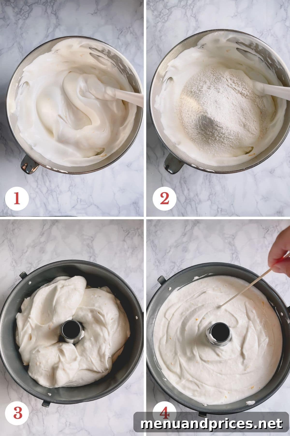 Light & Airy Angel Food Delight 4 Step-by-step photographic guide showing the process of making Angel Food Cake, from mixing ingredients to placing the batter in the tube pan.
