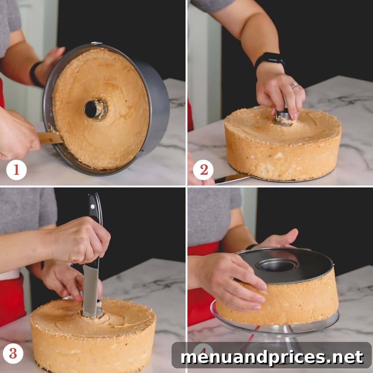 Light & Airy Angel Food Delight 6 A visual guide depicting the careful steps to remove an Angel Food Cake from its tube pan using a knife.