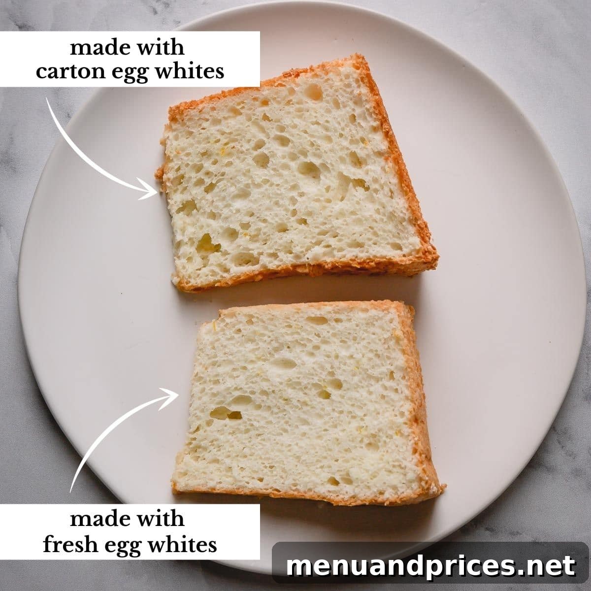 Light & Airy Angel Food Delight 9 A comparative image showing two slices of Angel Food Cake, one made with fresh egg whites and the other with carton egg whites, demonstrating minimal difference.