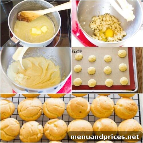 Pumpkin Spice Cream Puffs 4 Step-by-step guide showing the process of piping choux pastry dough onto a baking sheet, ready for the oven.