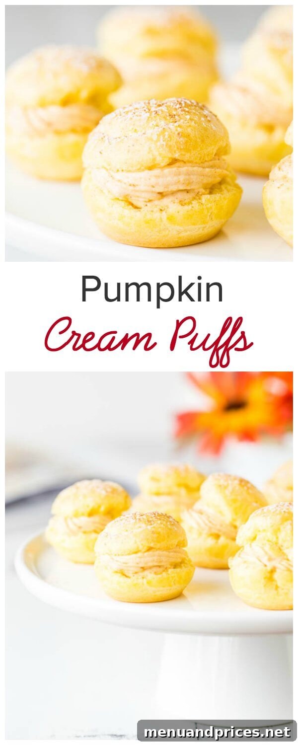 Pumpkin Spice Cream Puffs 8 A large, beautifully composed image of finished pumpkin cream puffs, showcasing their golden shells and creamy filling, ready to be enjoyed.