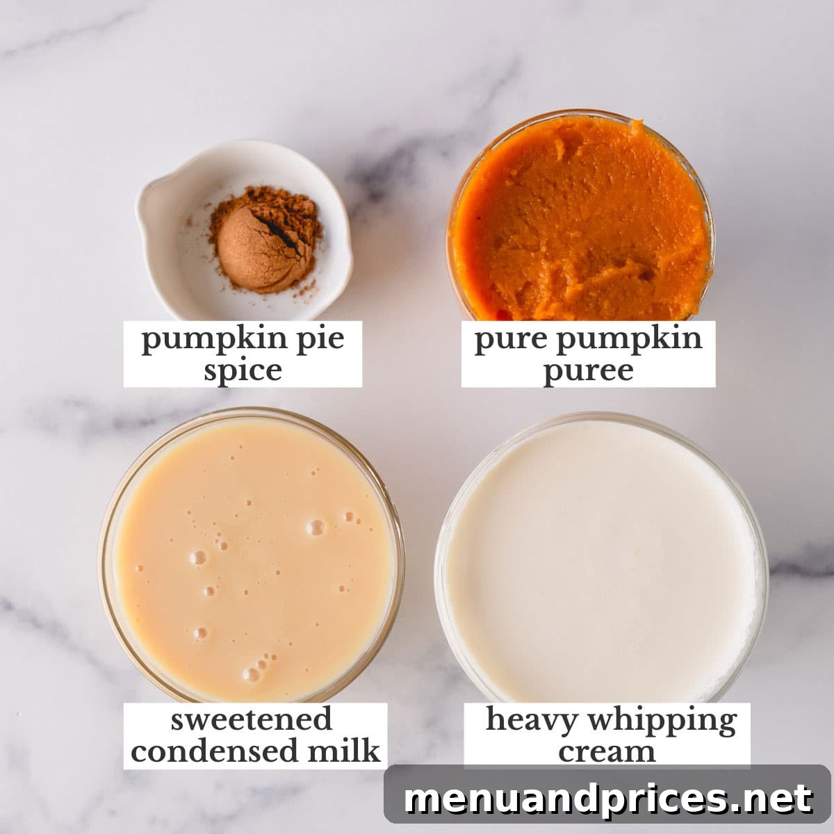 Pumpkin pie spice, pumpkin puree, sweetened condensed milk, and heavy whipping cream.