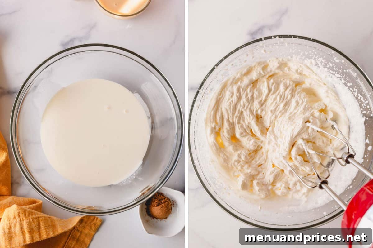 Two images showing the process of whipping cream for pumpkin mousse.