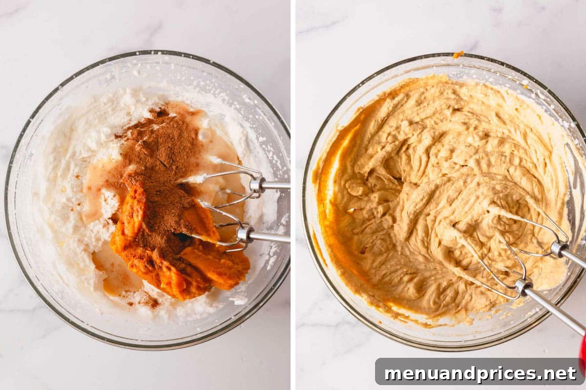 Two images showing spices and pumpkin being added to whipped cream to make pumpkin mousse.