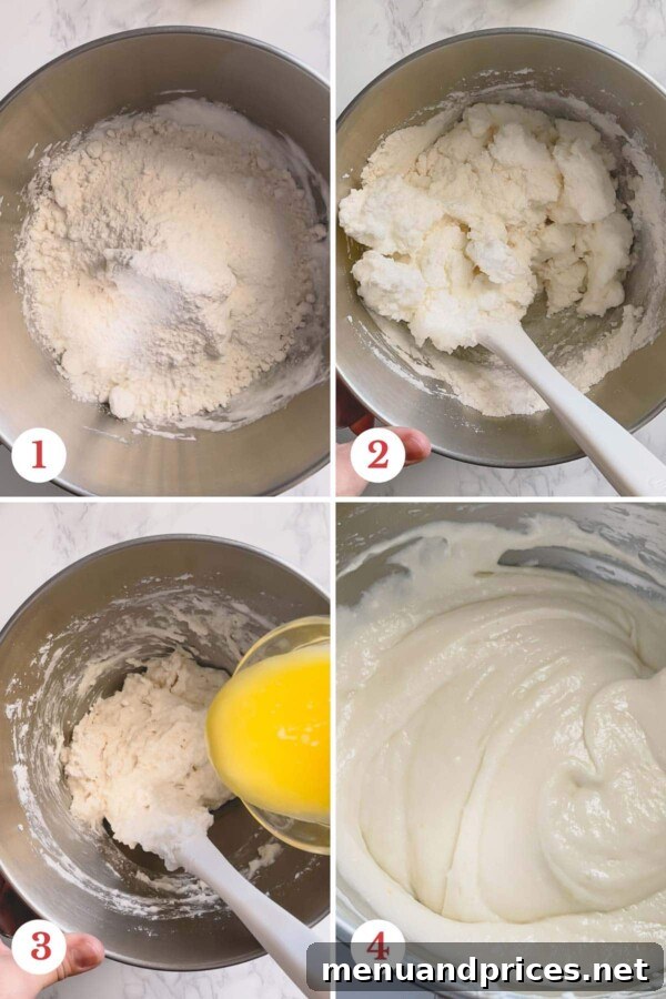 Enchanted Apple Cream Roll 5 Step-by-step photos illustrating the process of gently folding cake mix into egg whites and then adding the butter-milk mixture to create a smooth batter.