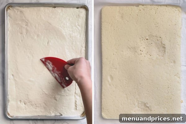 Enchanted Apple Cream Roll 6 Roll cake batter evenly spread in a baking sheet before baking and the same sheet after baking, showing a lightly golden, risen cake.
