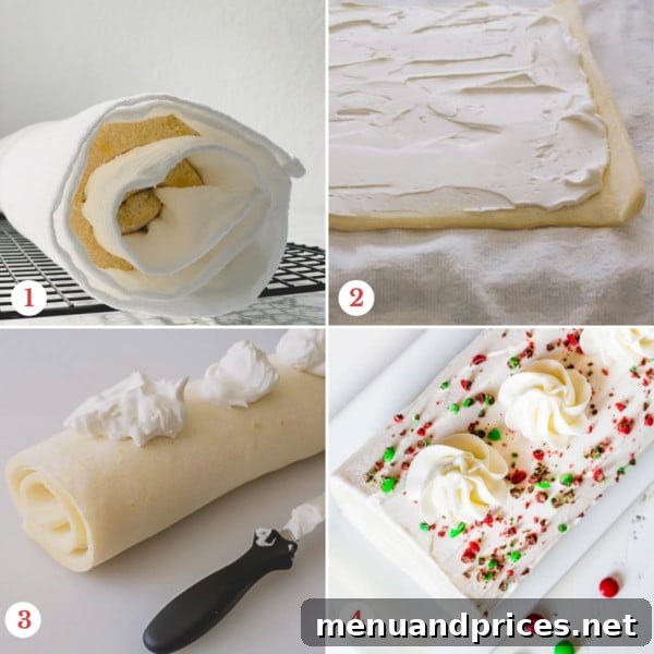 Enchanted Apple Cream Roll 7 Step-by-step photos showing the process of unrolling the cooled cake, spreading the white chocolate mousse filling generously, and carefully re-rolling it for a perfect spiral.