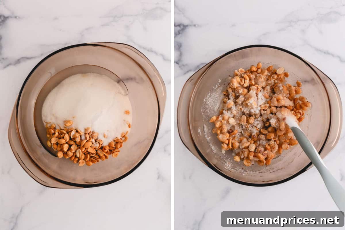 Gourmet Chocolate Peanut Brittle 6 Dry-roasted peanuts being stirred into a mixture of sugar, salt, and corn syrup in a glass microwave-safe bowl.