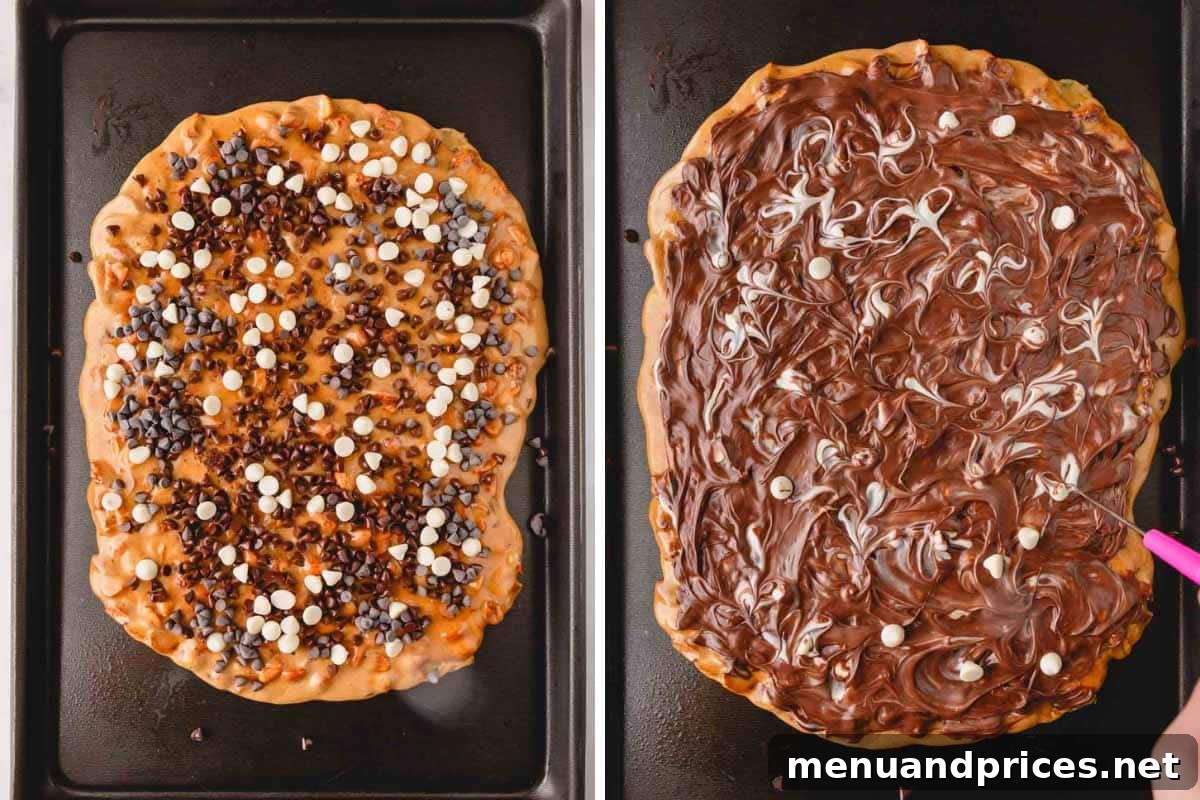 Gourmet Chocolate Peanut Brittle 10 Two sequential images demonstrating the process of adding chocolate to peanut brittle: first, sprinkling chips, then spreading the melted chocolate for a smooth finish.