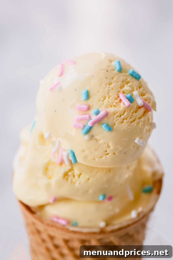 Dreamy Homemade Vanilla Ice Cream 3 Three perfectly scooped vanilla ice creams, adorned with colorful sprinkles, stacked elegantly on a crispy wafer cone.