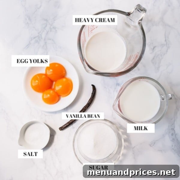 Dreamy Homemade Vanilla Ice Cream 4 Essential ingredients for homemade vanilla ice cream: milk, heavy cream, granulated sugar, egg yolks, and a vanilla bean.
