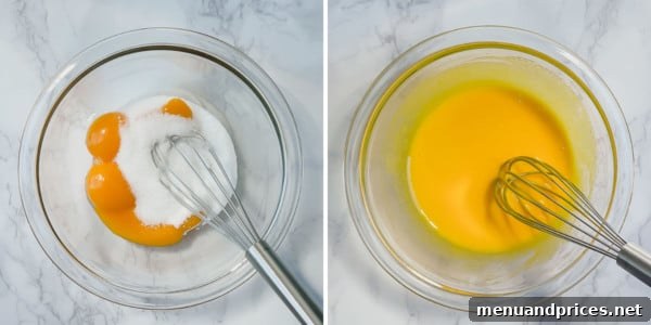 Dreamy Homemade Vanilla Ice Cream 5 Two side-by-side images demonstrating the process of whisking egg yolks and sugar until pale.