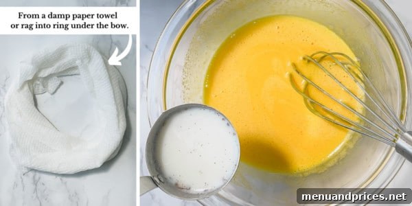 Dreamy Homemade Vanilla Ice Cream 6 Two side-by-side images: one showing a damp towel ring for stability, the other illustrating the process of tempering egg yolks into warm milk.