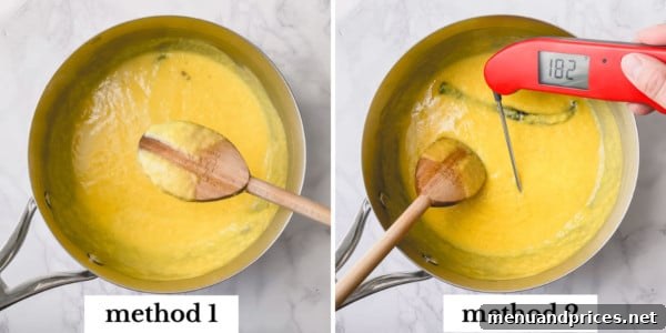 Dreamy Homemade Vanilla Ice Cream 7 Two side-by-side images demonstrating two methods for checking the doneness of custard: using a thermometer and the spoon-coating test.