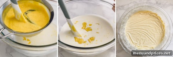 Dreamy Homemade Vanilla Ice Cream 8 Three side-by-side images: straining hot custard, mixing it with heavy cream, and the covered custard chilling in the refrigerator.