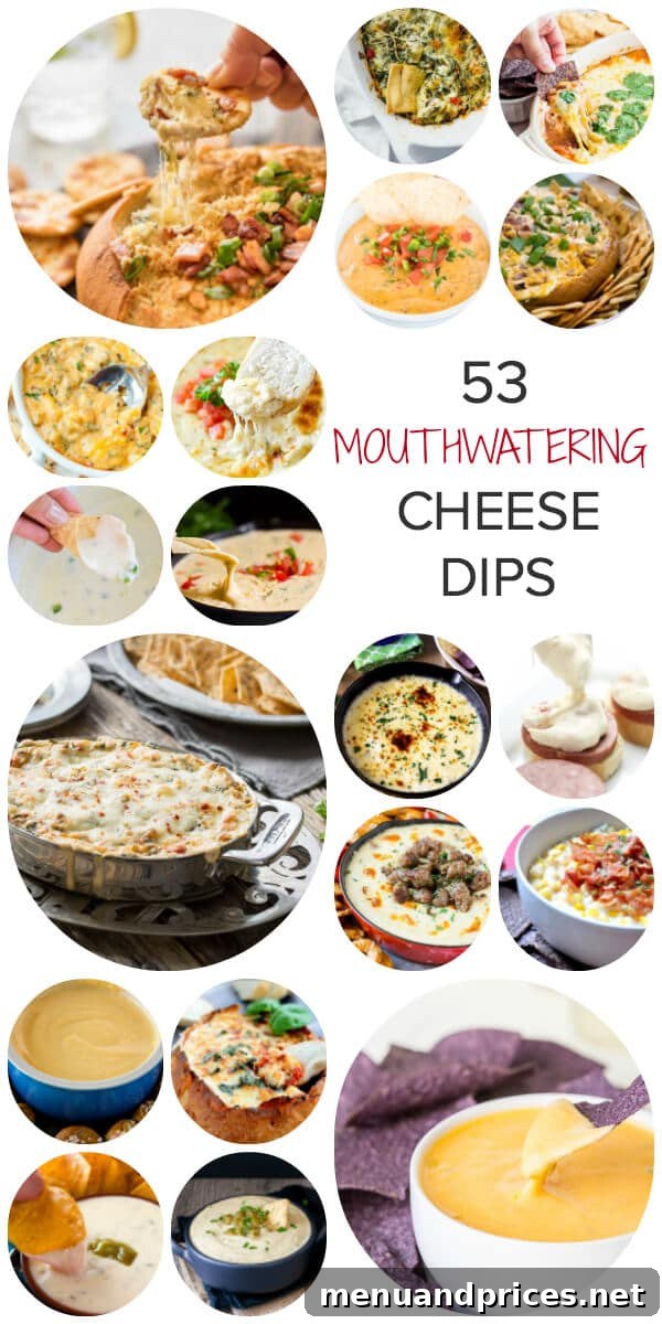 The Ultimate Collection of 53 Cheese Dip Recipes 2 A vibrant collage featuring a diverse array of cheese dips, including bubbling queso, creamy spinach artichoke, and hearty beef dips, all perfect for parties.