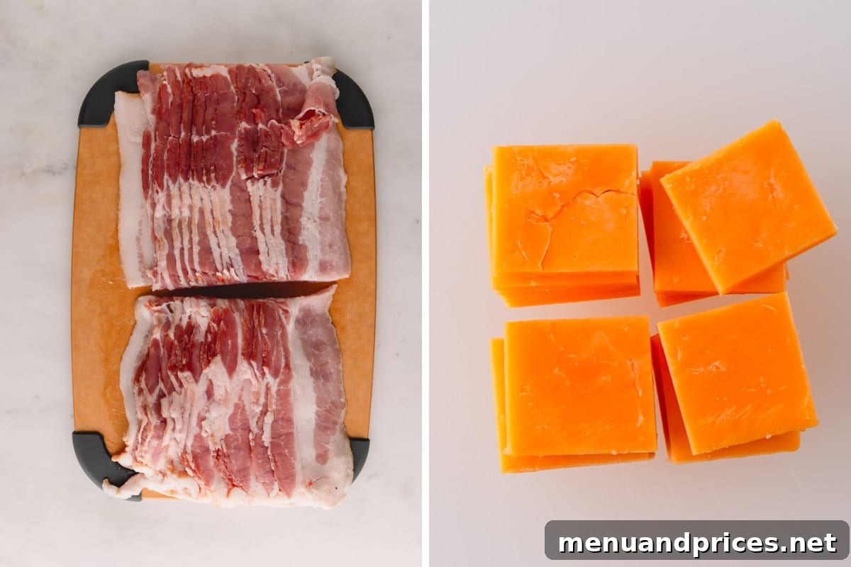 Bacon Cheddar Crisps 5 Thin bacon strips carefully cut in half, displayed next to neatly diced cheddar cheese slices, ready for assembly.