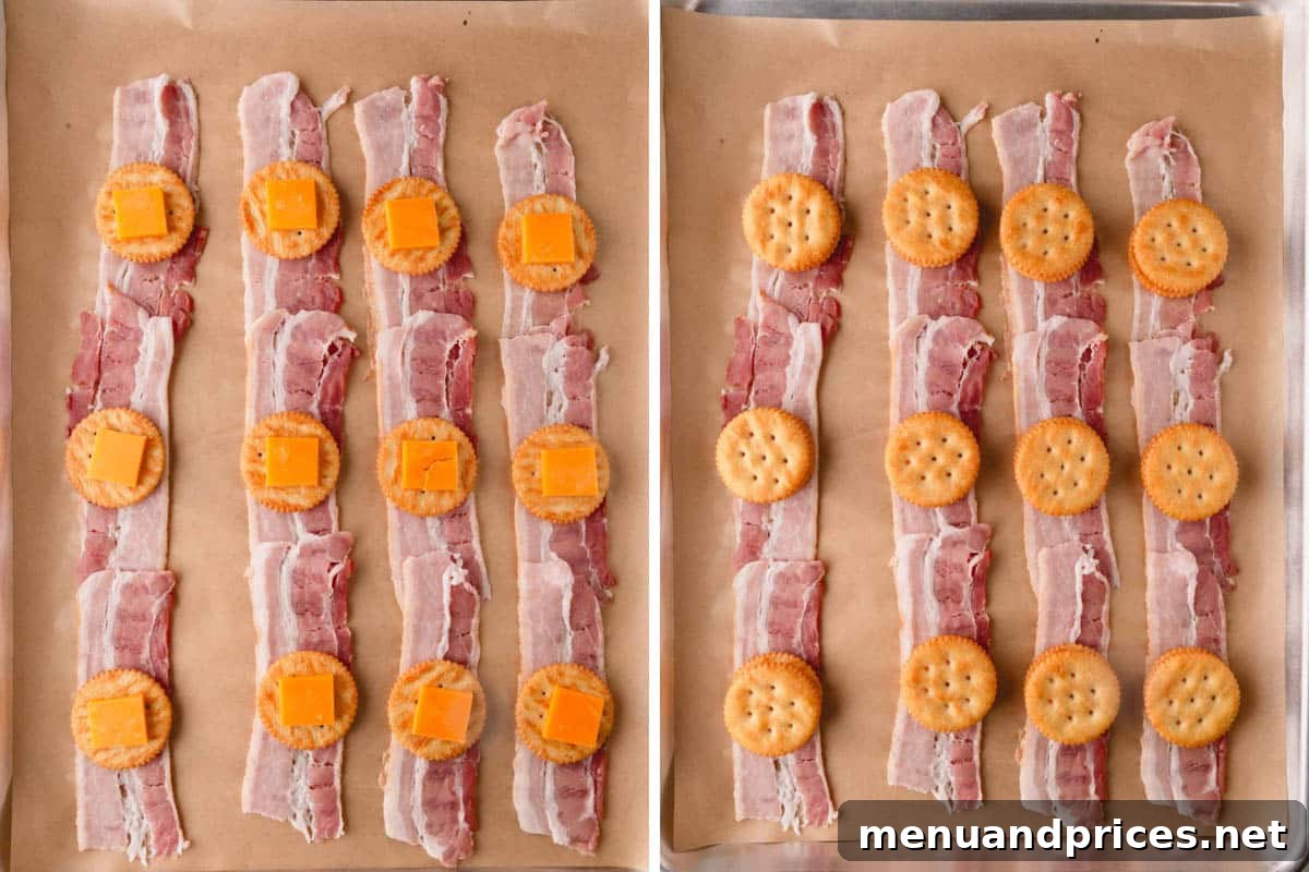 Bacon Cheddar Crisps 6 Uncooked bacon strips arranged on parchment paper, each meticulously layered with a cracker, a square of cheese, and another cracker.