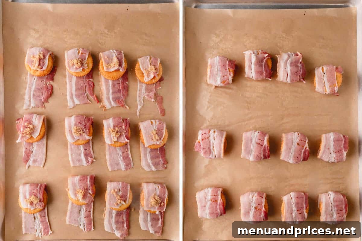 Bacon Cheddar Crisps 7 Raw bacon-wrapped crackers, generously sprinkled with brown sugar, neatly arranged seam-side down on a parchment-lined baking sheet.