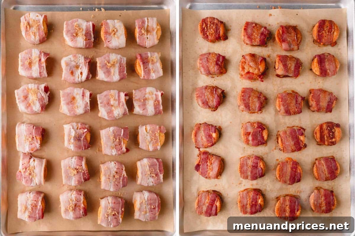 Bacon Cheddar Crisps 8 A baking sheet featuring a delicious contrast of raw and perfectly baked cheesy bacon crackers, showcasing their transformation from preparation to golden crispness.