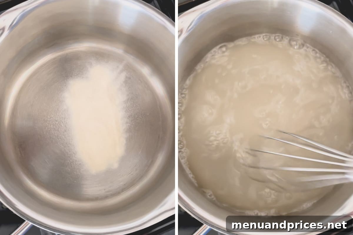 Tropical Pina Colada Deviled Eggs 5 Side-by-side images showing agar agar powder in a saucepan and water being added to it.