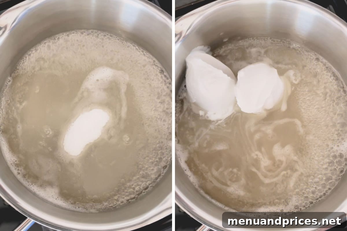 Tropical Pina Colada Deviled Eggs 6 Side-by-side images showing the addition of sugar and coconut milk to the agar agar mixture in a saucepan.