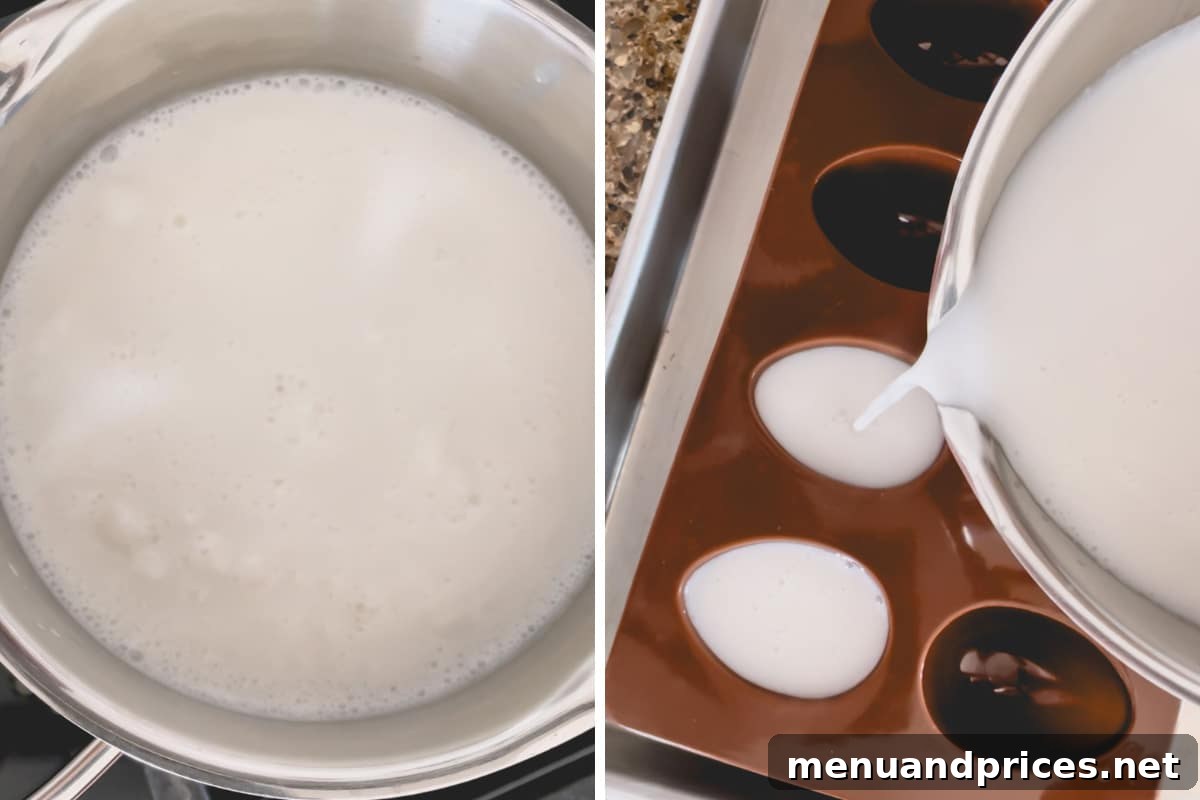 Tropical Pina Colada Deviled Eggs 7 Side-by-side images showing the cooked coconut pudding mixture in a saucepan and then being poured into silicone egg molds.