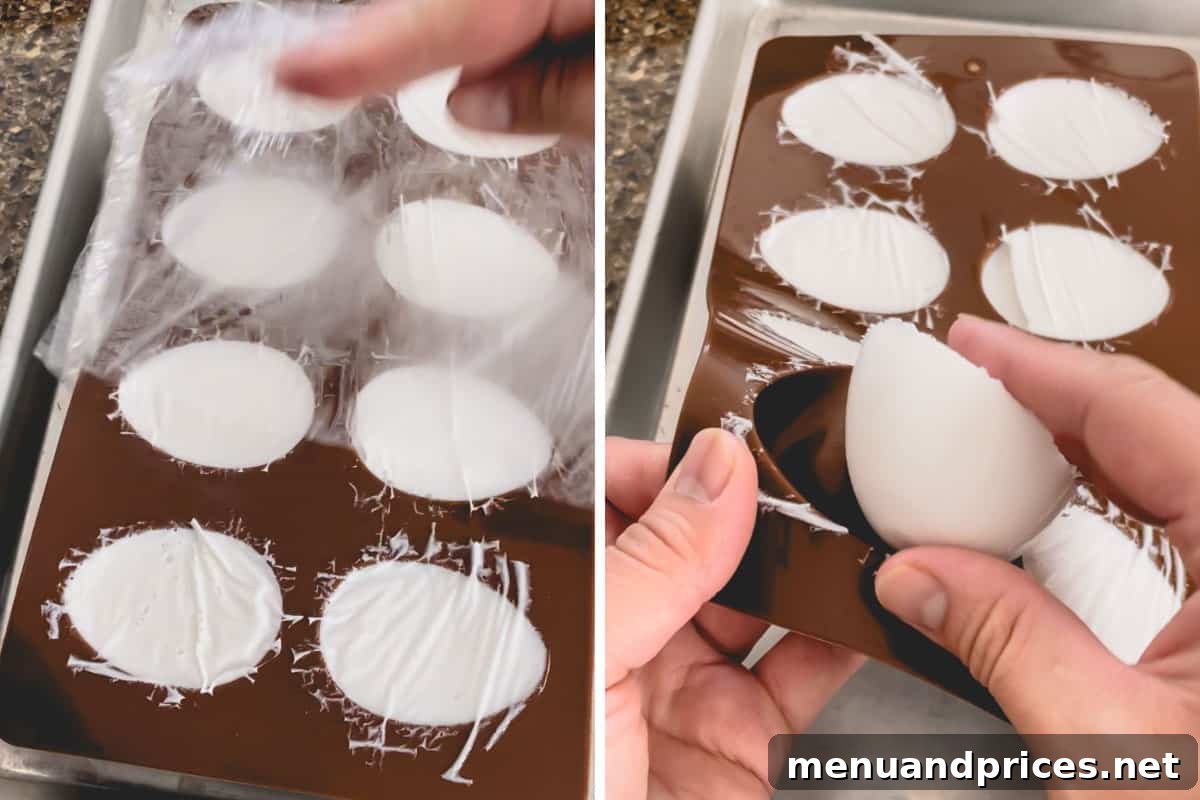 Tropical Pina Colada Deviled Eggs 8 Images showing firm coconut pudding being removed from an egg mold and arranged.