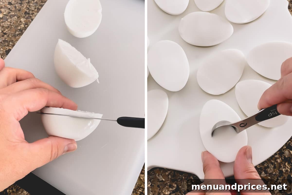Tropical Pina Colada Deviled Eggs 9 Side-by-side images showing how to slice the top of a coconut pudding egg half and scoop out a small dent in its center.