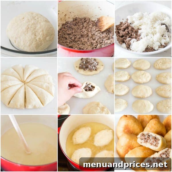 Hearty Russian Meat Piroshki 4 Step-by-step photo direction for Russian piroshki with meat and rice filling, showing the shaping process.