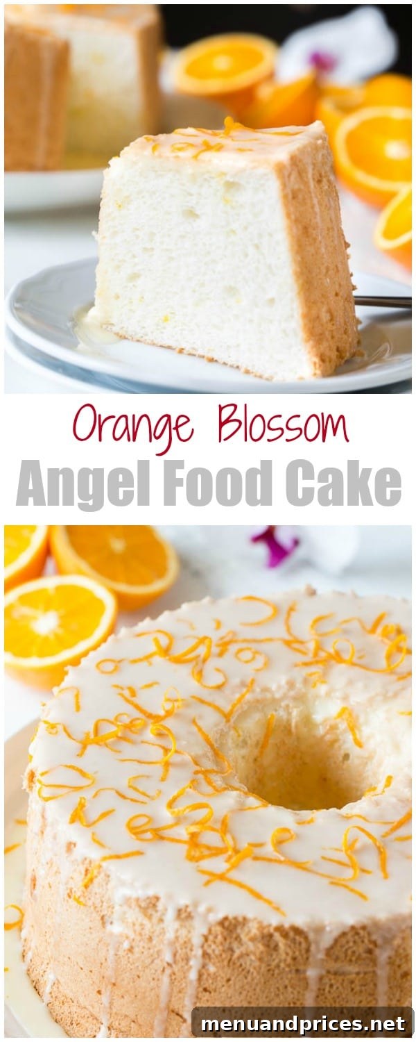 The ultimate Orange Blossom Angel Food Cake, incredibly light, fluffy, and delicately flavored with citrusy floral orange blossom, served with vibrant homemade orange curd.