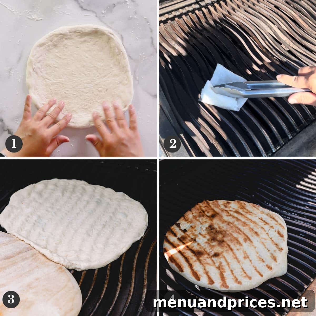 Enginarlı Izgara Pizza Sırları 5 A step-by-step photographic collage illustrating the process of placing pizza dough on the grill and flipping it to achieve the perfect par-cooked crust.