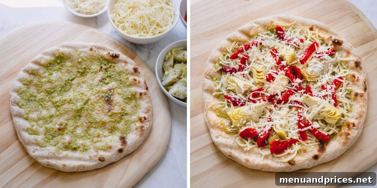 Enginarlı Izgara Pizza Sırları 6 Side-by-side photos illustrating the process of adding pesto, mozzarella, artichokes, and roasted red peppers to a grilled pizza crust.